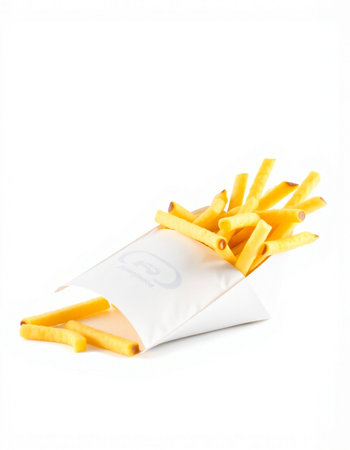 French fries in paper bag isolated on white background. Selective focus.