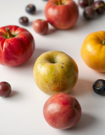 Red apples, blueberries and plums on a white background.の写真素材