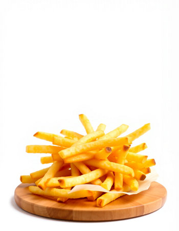 Golden French fries potatoes on a wooden board isolated on white background.