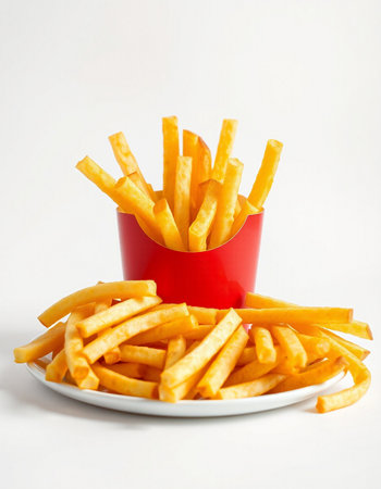 French fries in a red bowl on a white background, fast food
