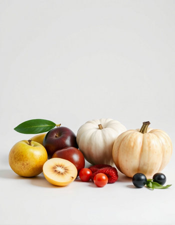 Autumn fruits and vegetables on a white background with copy space.の写真素材