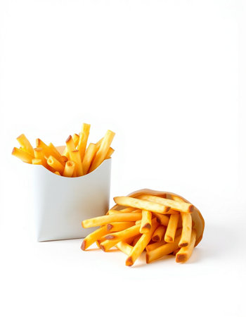 French fries in a white box on a white background. Isolated