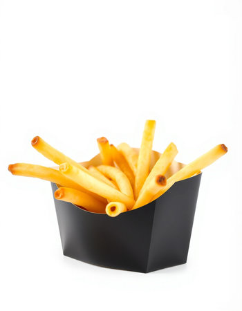 French fries in a black box isolated on white background. Fast food.