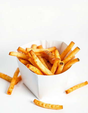 French fries in a white box on a white background. Selective focus