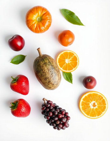 Fruits and vegetables on a white background. Flat lay, top viewの写真素材