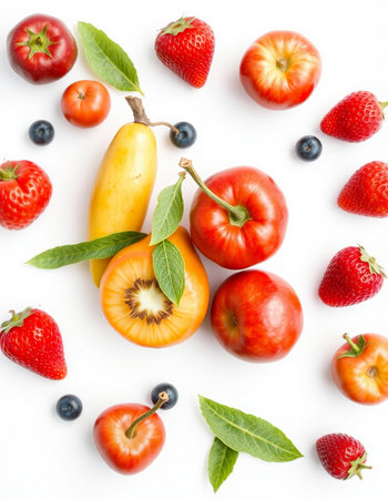 Fruits and berries on white background. Flat lay, top view