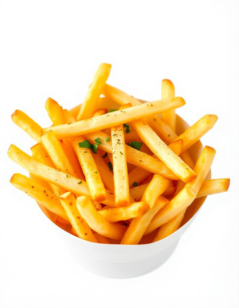 French fries in a bowl isolated on white background. Selective focus.