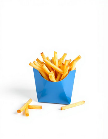 French fries in a blue box on a white background. Isolated