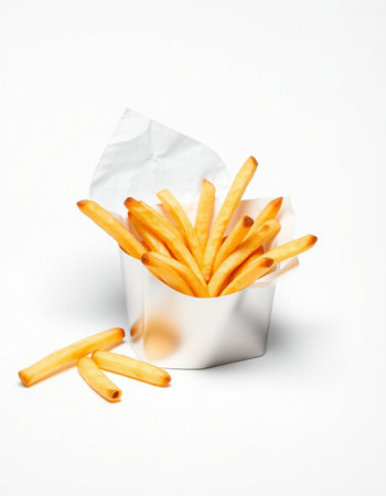 French fries in paper box isolated on white background. Fast food concept