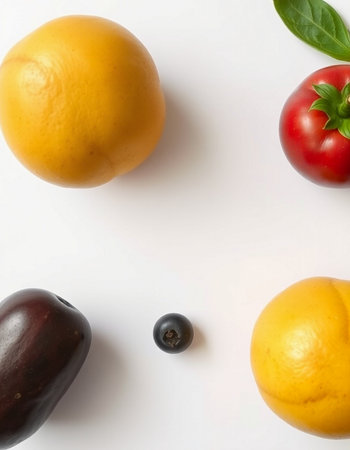 Different types of vegetables and fruits on a white background. Top view.の写真素材