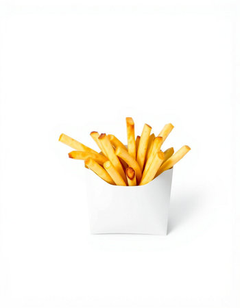 French fries in a paper box isolated on white background. Fast food.