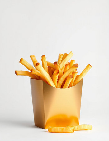 French fries in a paper bag on a white background. Fast food.の写真素材