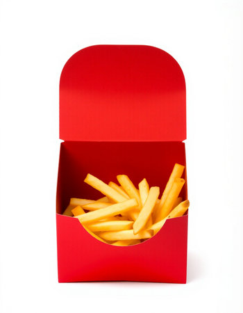 French fries in a red box on a white background. Fast food.の写真素材