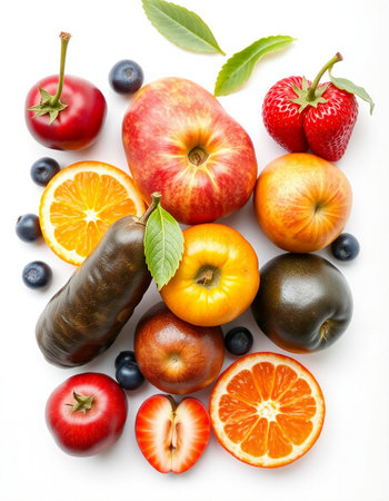 Fruits and vegetables isolated on white background. Healthy food concept.