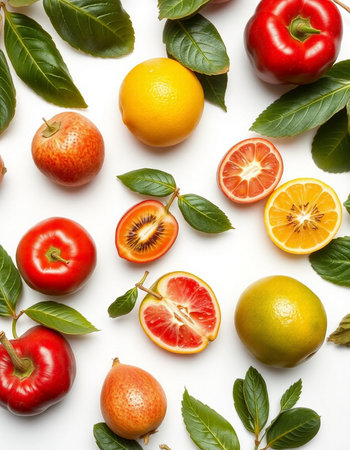Fruits and vegetables on a white background. Flat lay, top viewの写真素材
