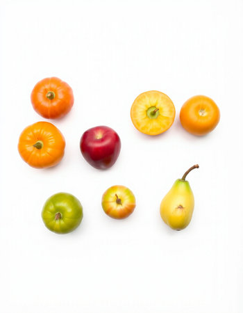 Colorful fruits and vegetables on a white background. Top view.