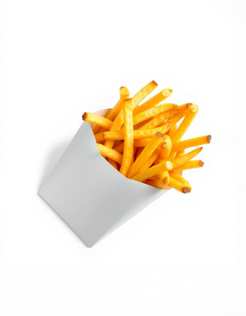 French fries in paper box isolated on white background. Top view.