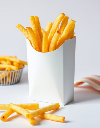 French fries in a white box on a white background. Fast food.