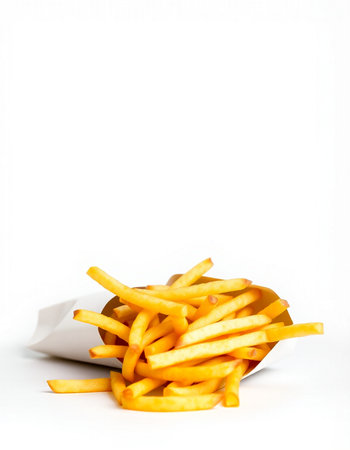 French fries in a paper bag on a white background. Isolatedの写真素材