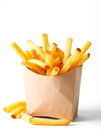 French fries in paper box isolated on white background. Selective focus.