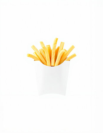 French fries in a paper box on a white background. Isolated