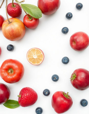 Flat lay composition with fresh fruits on white background, top view