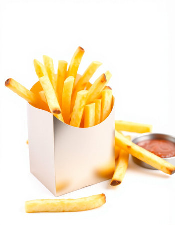 French fries with ketchup isolated on white background. Selective focus.