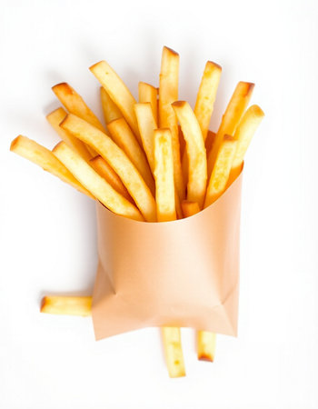 French fries in paper bag isolated on white background. Top view.