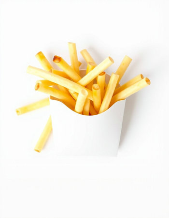 French fries in a paper box on a white background. Selective focus.