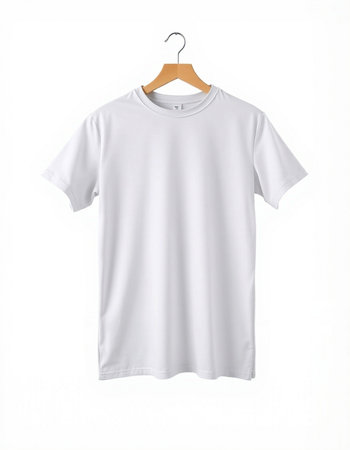 White t-shirt on a hanger on a white background.