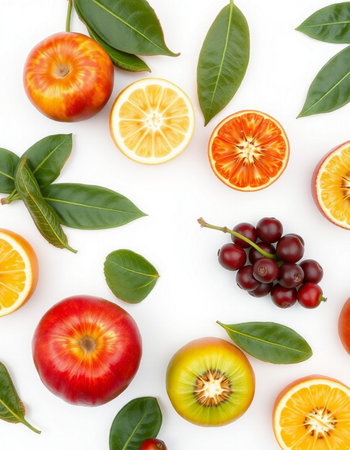 Fruits and leaves isolated on white background. Flat lay, top viewの写真素材