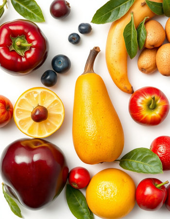 Fruits and vegetables isolated on white background. Flat lay, top view