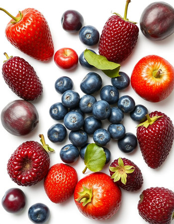 Mix of fresh berries (strawberry, raspberry, blueberry, strawberry) isolated on white background