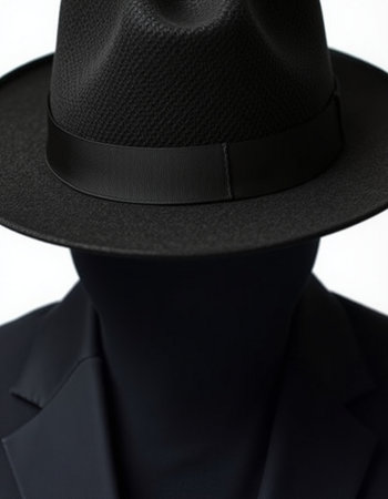 mannequin wearing a black hat and black jacket on white backgroundの写真素材