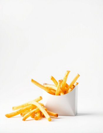 French fries in a white box on a white background with space for text