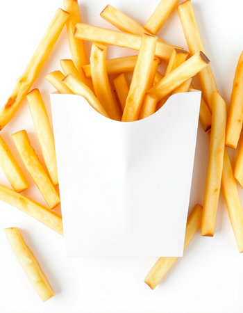 French fries with blank paper sheet isolated on white background, top view