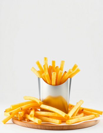 French fries on white background. Selective focus. Shallow depth of field.