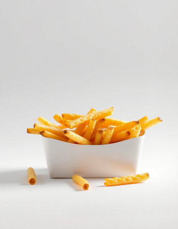 French fries in a white bowl on a white background, close-up