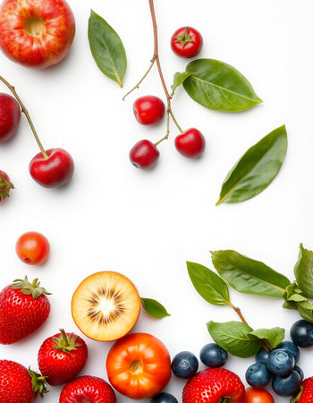 Fruits and berries on a white background. Flat lay, top view.の写真素材