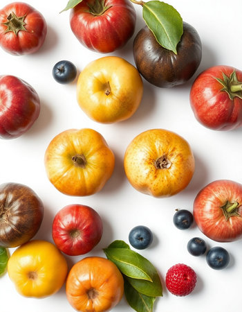 tomatoes and blueberries on white background, flat lay, top view