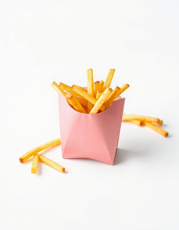 French fries in a pink paper box on a white background. Fast food.の写真素材