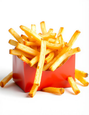 French fries in a red box on a white background close-up