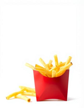 French fries in red box isolated on white background, clipping path included