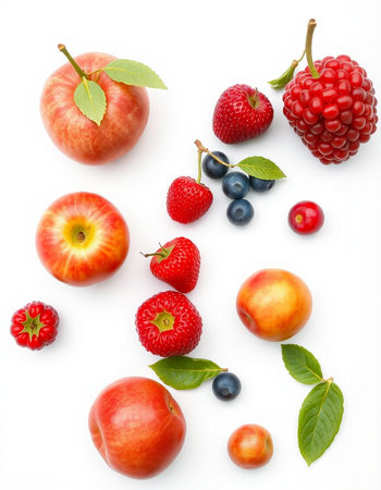 Raspberry, raspberry, blueberry and peaches on white backgroundの写真素材