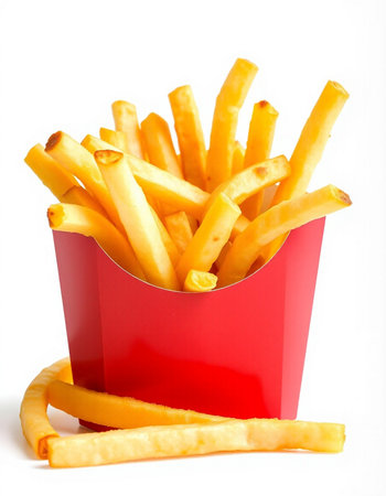 French fries in a red box on a white background. Isolated