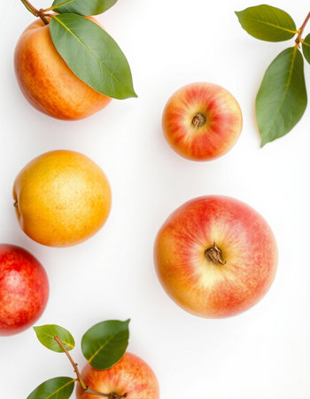 Ripe apples with leaves on white background. Flat lay, top viewの写真素材