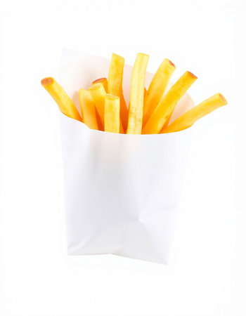 French fries in white paper bag isolated on white background, clipping path
