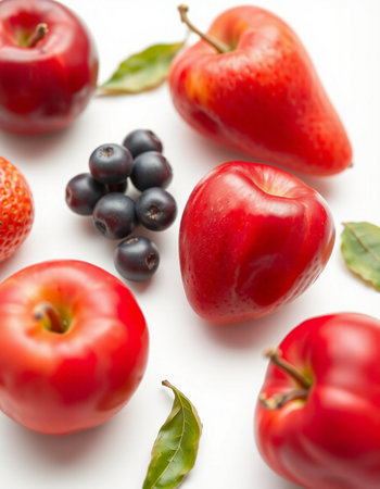 Red apples and berries on a white background, close-up.の写真素材