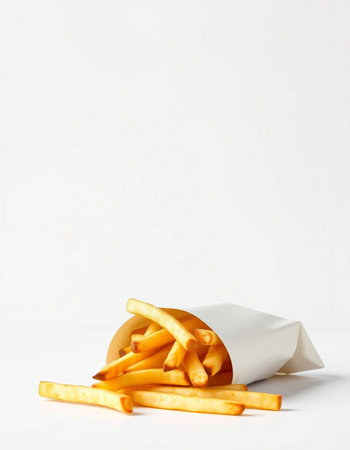 French fries in a paper bag on a white background. Fast food.