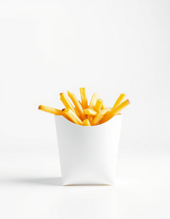 French fries in a white paper cup on a white background, isolatedの写真素材